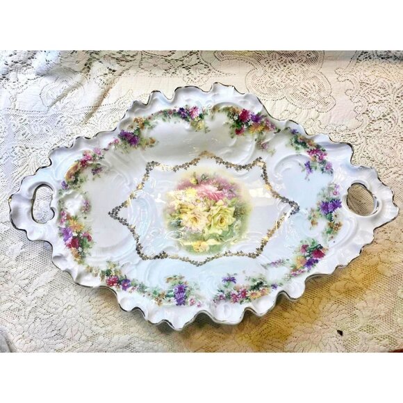 Carl Tielsch Altwasser Germany Bowl Porcelain Scallops Large Antique Handled Ruf - Picture 1 of 15